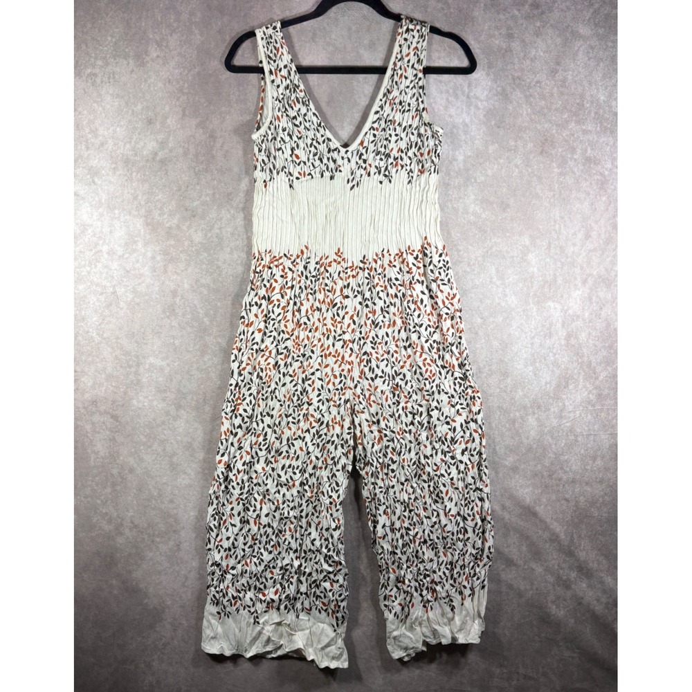 Anthropologie Elevenses Arboreta Jumpsuit XS White Leaf Smocked Wide Leg Boho